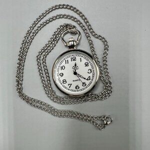 Silver Tone Pocket Watch Necklace Women Arabic Numerals Long Chain New Battery